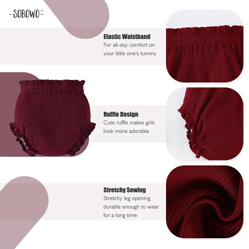 SOBOWO Baby 3-Pack Bloomers Diaper Covers Ribbed Ruffle Solid Triangle 2-3T